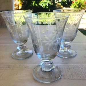Three Clear Etched Floral Design Wine Glasses or Regular Glasses